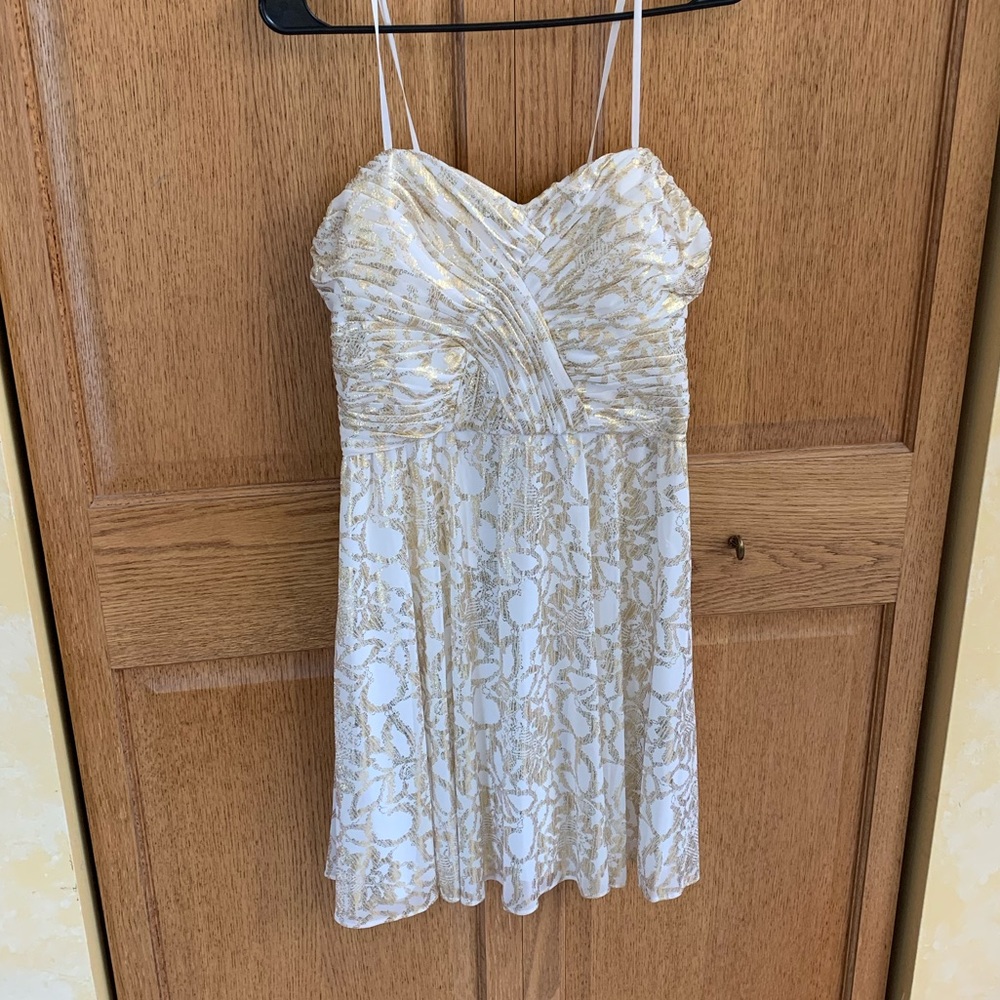 White and Gold Strapless Dress with Back Cutouts
